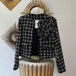 MANGO - Black & White Maxi Floral Tweed Blazer
